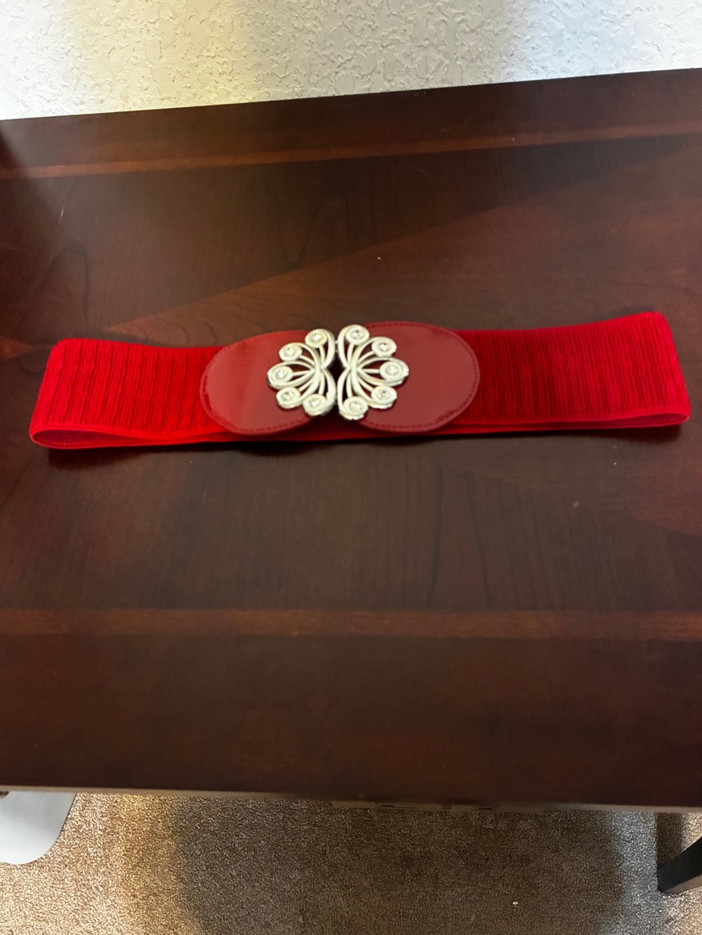 Red Elastic Waist Belt with Decorative Rhinestones on Silver-Tone Medalion
